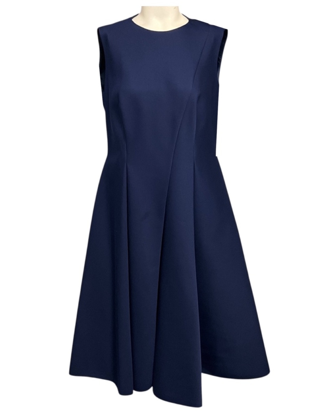PAULE KA NAVY BLUE SLEEVELESS SATIN FLARED COCKTAIL DRESS